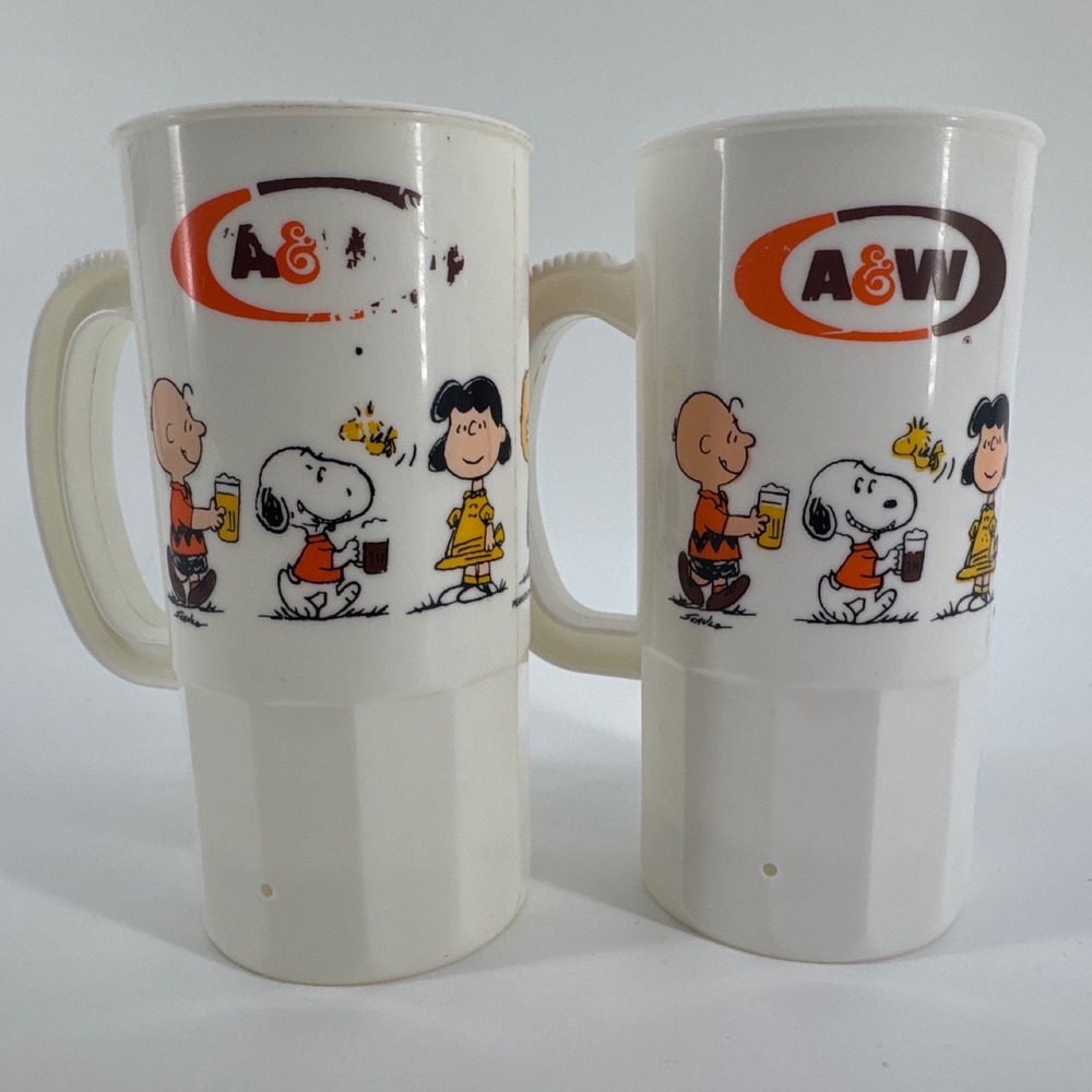 A&W Root Beer Vintage Peanuts Mugs Set of 2 White  Snoopy 40th Anniversary 1990s